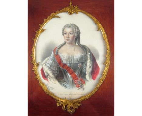 An oval portrait lithograph of Czarina Anna, signed in the print, in ormolu on mahogany frame, the reverse with a photograph 