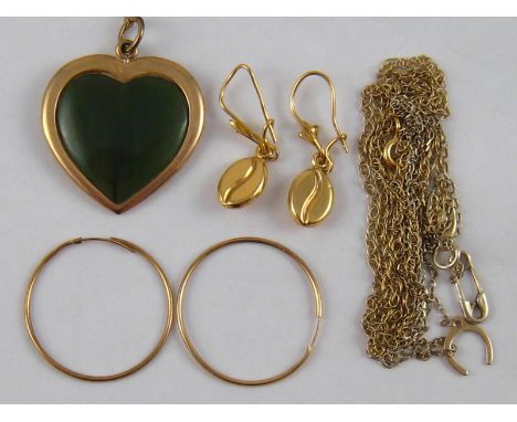 A mixed lot comprising two pairs of yellow metal (tests 9 carat gold) earrings, a jade heart pendant on a 9 carat gold chain 