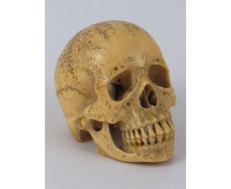 An extremely finely carved marine ivory skull, signed, circa 1900. 6x5x4cm.  