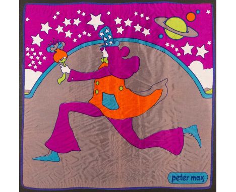An original printed silk scarf with design by Peter Max, c 1968. Approx 27x26". 