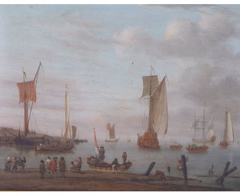 FOLLOWER OF WILLEM VAN DE VELDE II (DUTCH, 18TH CENTURY)A Dutch vessel taking on storesbears initials 'VV' (lower left)oil on