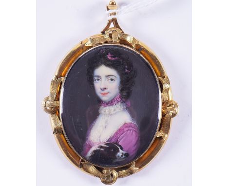 JAMES REILY (IRISH, C. 1730-C. 1780/88)Portrait miniature of a lady wearing a purple dress and holding a dogsigned and dated 