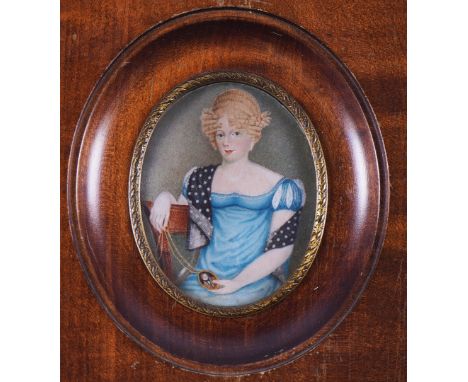 ENGLISH SCHOOL, 19TH CENTURY (4)Portrait miniature of a lady in a blue dress holding a portrait miniaturewatercolour8 x 6.4cm