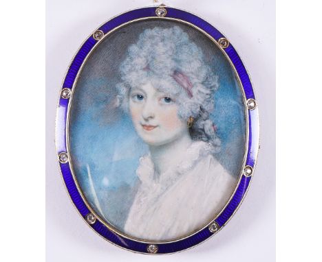 HENRY JACOB BURCH (BRITISH, 1763-1834)Portrait miniature of a lady wearing a white dress and a pink ribbon in her hairwaterco