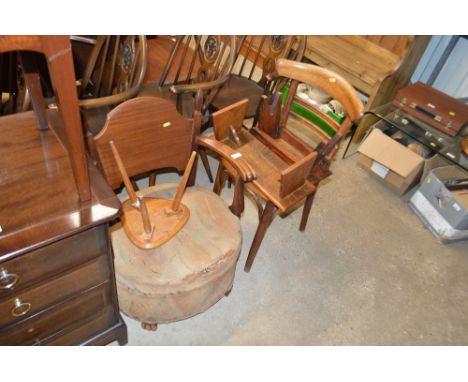 A low fire side elbow chair; a small triangular topped table; two stools and a bentwood chair