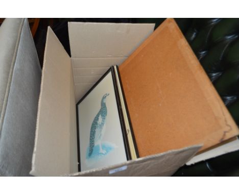 A box containing two watercolour studies; two prints depicting birds and a lap table