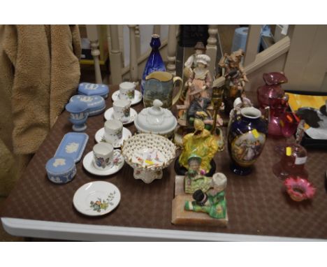 A collection of various decorative figures; Wedgwood Jasperware; Royal Worcester coffee cans and saucers etc.
