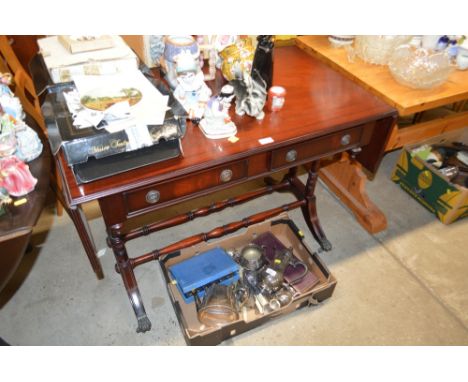 A reproduction mahogany drop leaf sofa table fitted two drawers