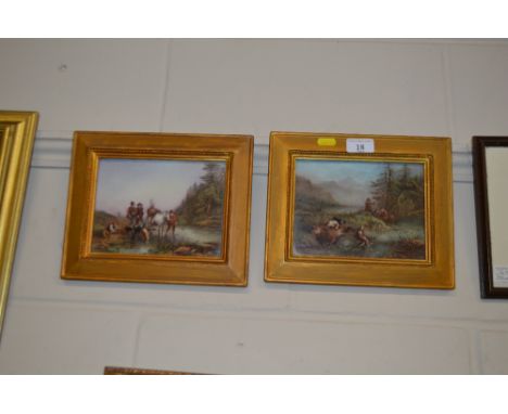 A pair of gilt framed studies on porcelain panels each depicting hunting scenes signed J Rouse