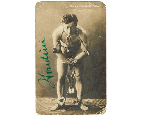 Harry Houdini (1874-1926), magician and escapologist, autograph signature. A black and white three-quarter length portrait po