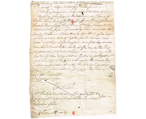 1775 (August 25) Elvis Presley's ancestor, court examination of William Presley. Manuscript, one sheet, quarto. Record of the