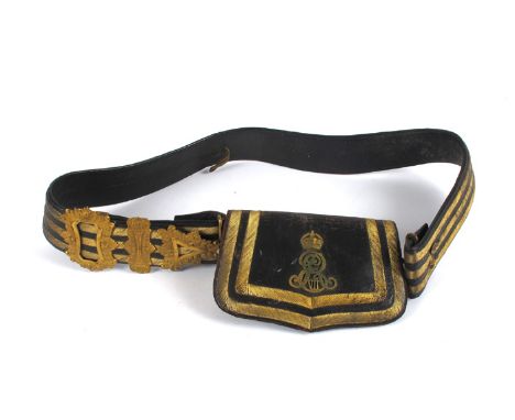 Edward VII Officer's cross belt and pouch. The black leather cross-belt with three bullion bands and gilt metal mounts, the p