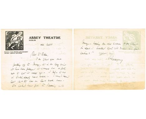 1923-1935 Abbey Theatre, collections of letters and documents. A collection of signed manuscript letters, royalty receipts an