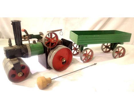Mamod steam roller, spirit fired, complete with burner and steering-rod, corrosion on plated parts, paint loss etc, also trai
