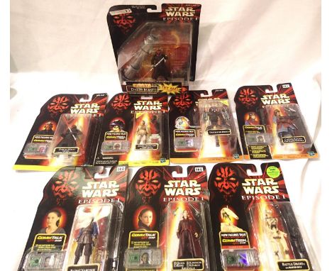 Seven Star Wars Episode 1 figurines with Commtech talking chip, plus Darth Maul sabre swinging figurine, all blister packed. 