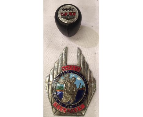 1960s Ford gear stick knob and a St Christopher enamel car badge. P&amp;P Group 1 (£14+VAT for the first lot and £1+VAT for s