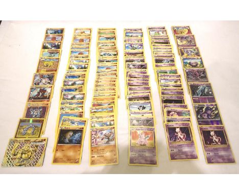 Collection of assorted Psychic and Fighting Pokemon trading cards including shiny examples; Mewtwo 51/108, Aegislash 62/122, 