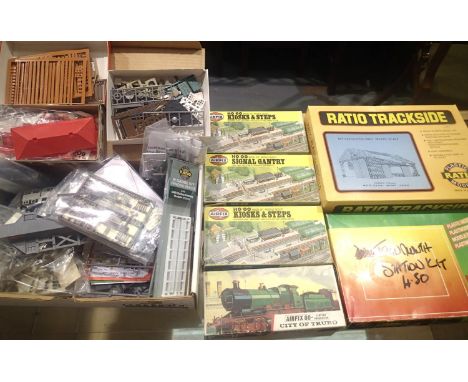 Selection of OO scale plastic kits, railway related, some started, all unchecked, also a selection of scenics/scatter etc. P&