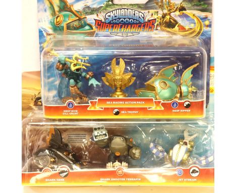 Skylanders Superchargers; boxed SEA racing action pack with reef ripper, sea trophy and Deep Dive Gill Grunt, and Shark Shoot