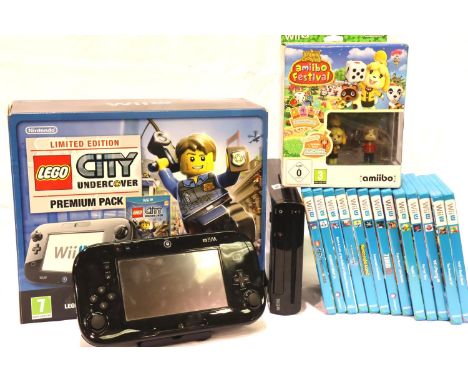 Nintendo Wii U 32GB console, boxed with game pad, power cable, further cables and a selection of games, lacking sensor bar. P