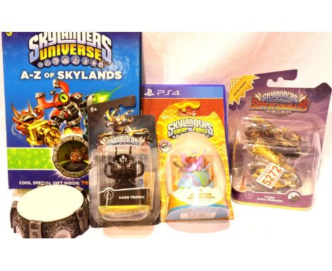 Skylanders Swap Force boxed Springtime Trigger Happy, Superchargers Nitro Soda Skimmer and Kaos Trophy (boxes damaged), Skyla