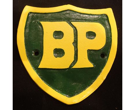 A BP Oil cast iron shield plaque, 15 x 15 cm. P&amp;P Group 2 (£18+VAT for the first lot and £3+VAT for subsequent lots) 