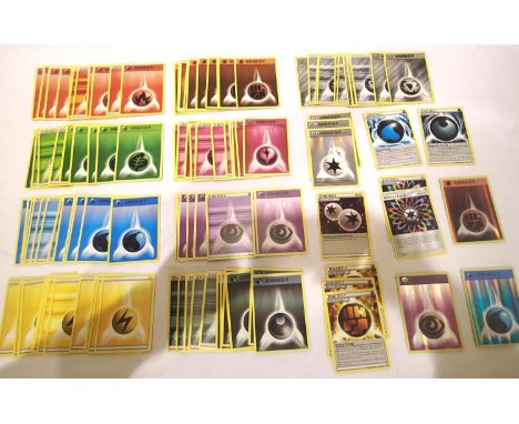 Collection of assorted Energy Pokemon trading cards; Fire, Fairy, Fighting, Psychic, Steel, Dark, Grass, Water, Lightning, Ra
