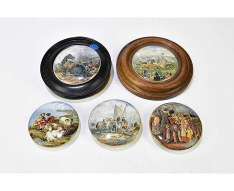 F.R. PRATTWARE; five Prattware pot lids, to include 'Embarking for the East', 'Derby Day', 'War', etc, two examples framed.Co