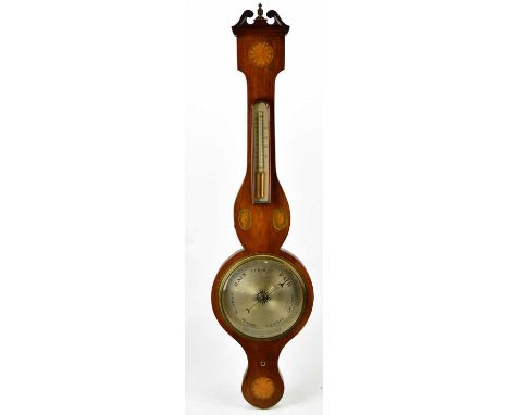 A 19th century inlaid mahogany wheel barometer with silvered dial, length 99cm.