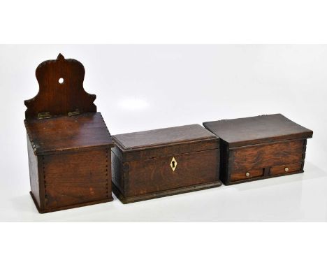 An 18th century oak and pine salt box, height 34cm, together with a late 18th/early 19th century oak tea caddy (replacement i
