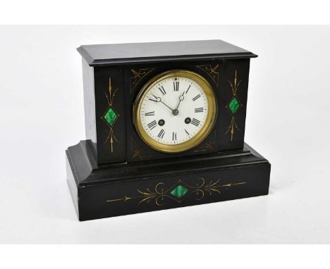 A Victorian slate mantel clock, white enamel dial set with Roman numerals, height 21cm.