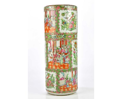 A 20th century Famille Rose stick stand decorated in panels with exotic birds and figures, height 59cm.Condition Report: Ligh