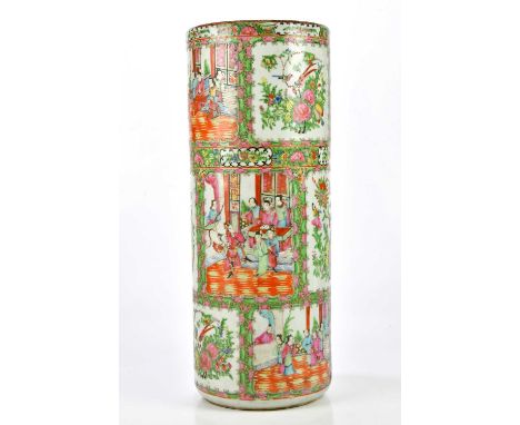 A 20th century Famille Rose stick stand decorated in panels with exotic birds and figures, height 59cm.Condition Report: Ligh