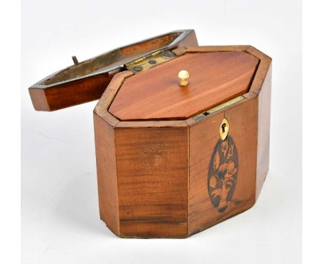 A 19th century satinwood inlaid tea caddy of hexagonal form with hinged lid, width 14cm, height 12cm.