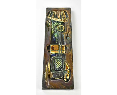 HELMUT SCHAFFENACKER; a mid century rectangular wall plaque, with impressed stylised decoration, in shades of bronze, green, 