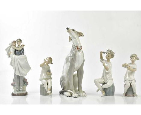 LLADRO; four figures including a married couple entering the threshold, height 28cm with a large Lladro model of a seated dog