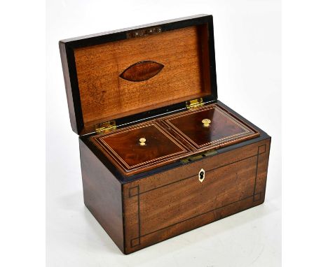 A 19th century mahogany inlaid tea caddy, height 12cm, width 21cm, depth 12cm.