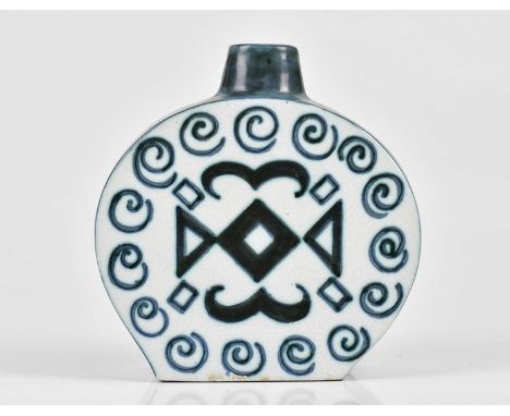 TROIKA POTTERY; a rare and early flask decorated in the 'Scarab' design, embossed marks with trident mark to the underside, h