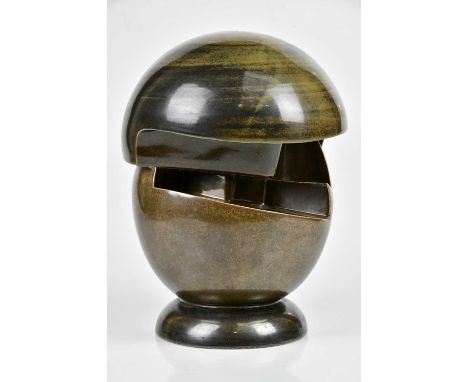 ROLAND BENCE FOR TROIKA POTTERY; a rare 'Helmet' lamp finished in a manganese colourway, signed Troika, Cornwall and painted 