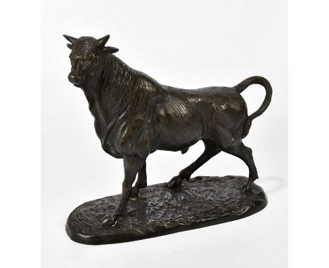 AFTER A. L. BARYE; a large bronze model of a bull, height 36cm, length 37cm.