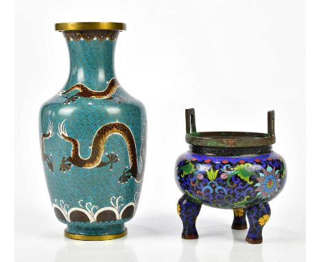 A Chinese cloisonné vase decorated with a pair of five clawed dragons, wax seal mark to base, height 24cm, and a Chinese cloi