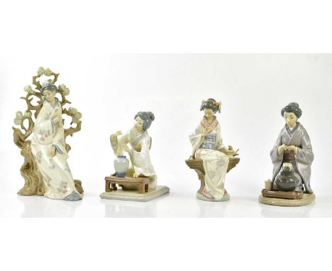 LLADRO; four figures of Geisha girls including an example seated in naturalistic landscape, height 30cm (4).Condition Report: