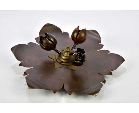 IN THE MANNER OF W.A.S BENSON; an Arts and Crafts copper and brass light shade with three floral branches, diameter 40cm.
