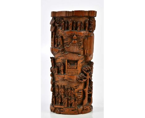 A Chinese carved bamboo brush pot decorated with figures and landscapes, height 28cm.