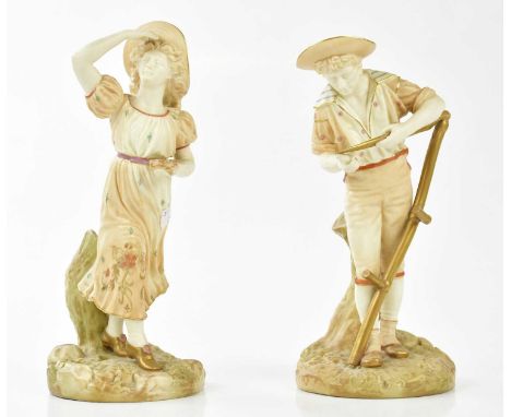 ROYAL WORCESTER; a pair of blush ivory figures representing a farmhand holding a scythe and a girl holding a nest with eggs, 