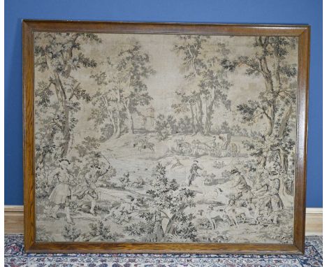 A large modern machine made tapestry, depicting hunting scene, 140 x 176cm, framed.