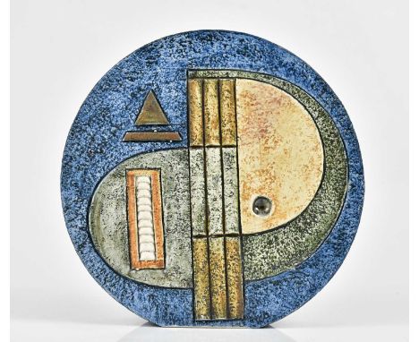 LOUISE JINKS FOR TROIKA POTTERY; a large wheel vase with embossed decoration on a blue ground, signed Troika, Cornwall, with 