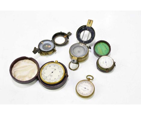 CASELLA, LONDON; a brass cased pocket barometer, two further pocket barometers and two compasses including a leather cased ex