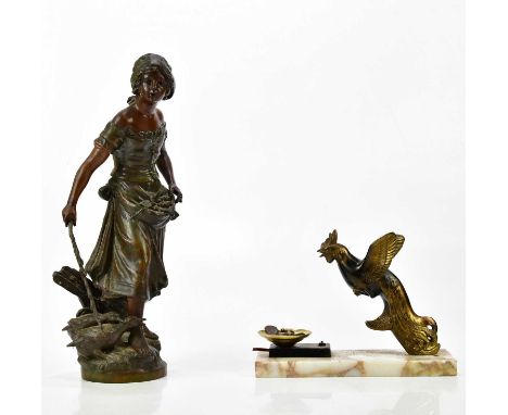 An early 20th century bronzed spelter figure of a farmhand beside ducks, height 41cm, together with an Art Deco bronzed metal