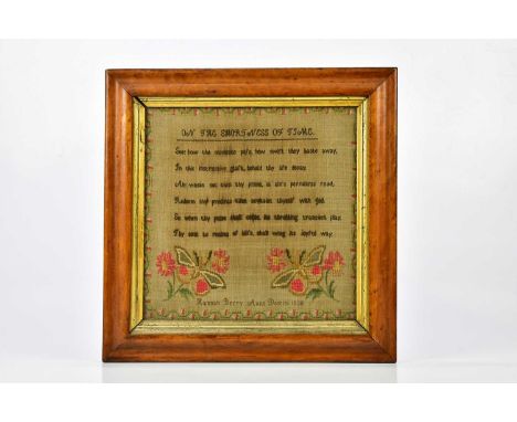 A 19th century needlework sampler by Hannah Berry Anno Domini 1838, 28.5 x 28cm, framed and glazed.
